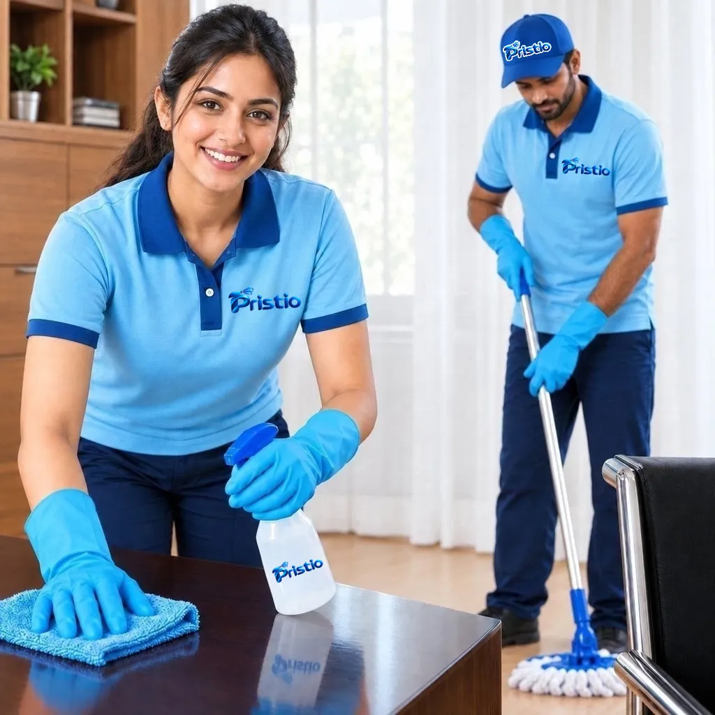 A smiling Pristio cleaning professional in a sky-blue uniform wiping a polished table with a spray bottle, while a colleague mops the floor behind her
