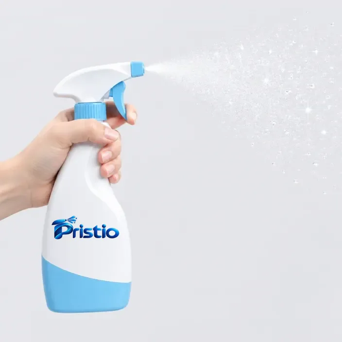 Hand holding a Pristio-branded cleaning spray bottle